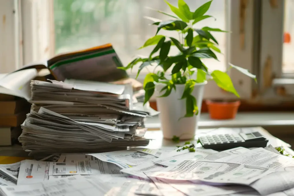 A pile of unpaid bills surrounded by a growing plant.