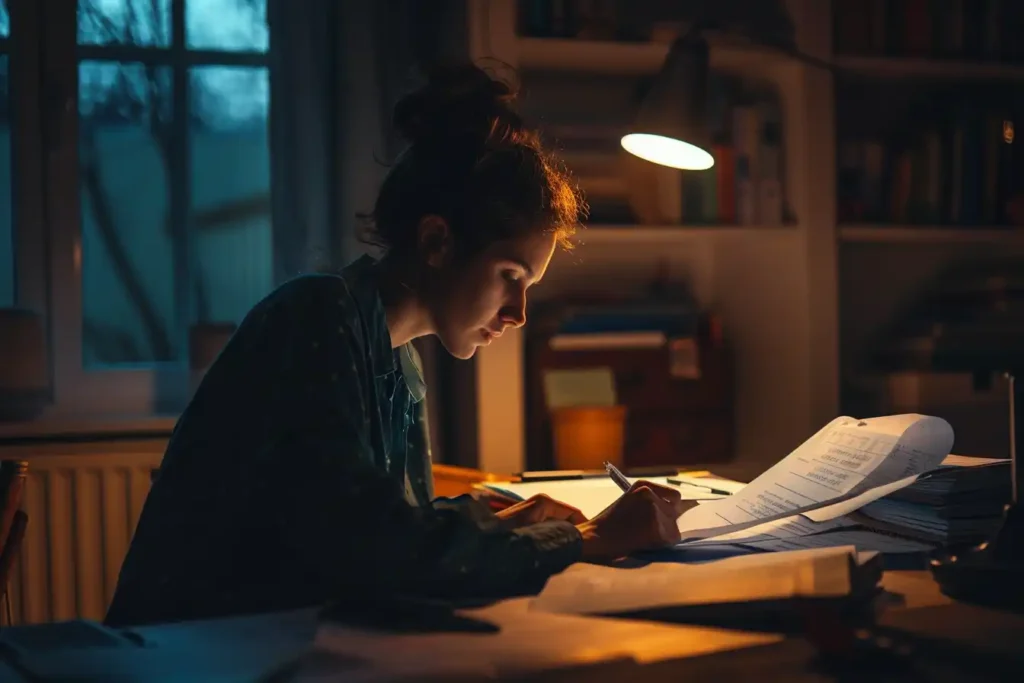 A person reviewing financial documents in a dimly lit room.