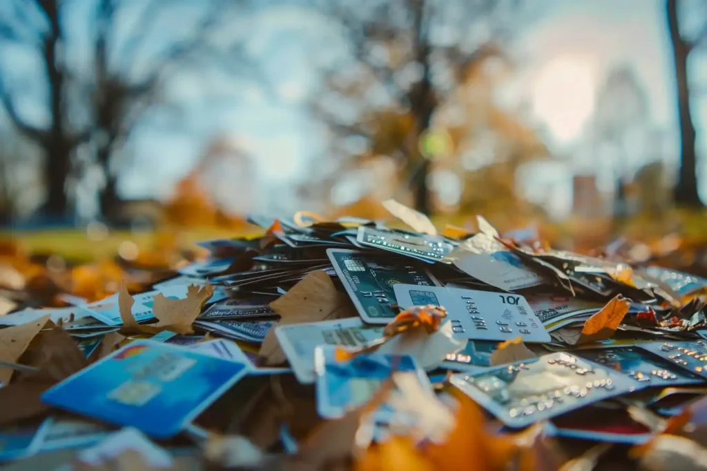 A pile of shredded credit cards in a serene outdoor setting.