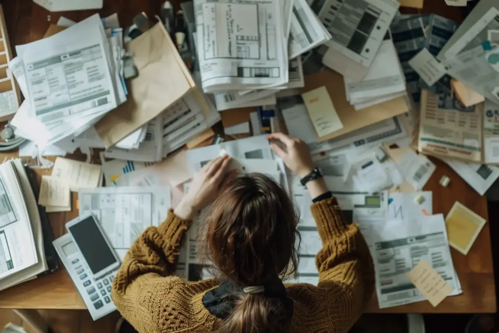 A person working at a cluttered desk surrounded by paperwork and bills.