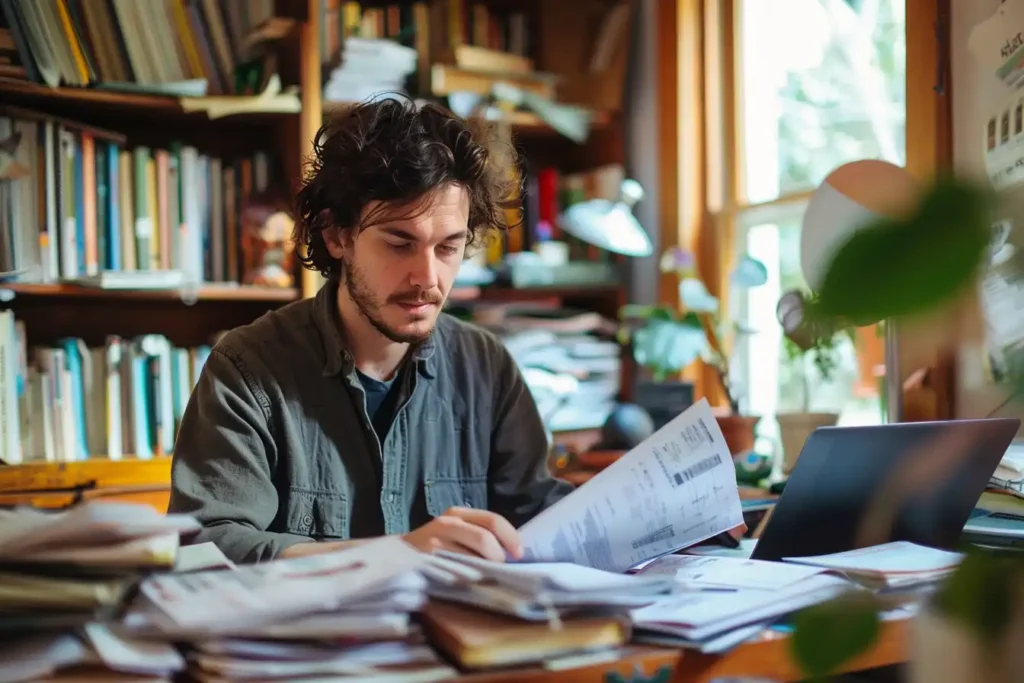 A person surrounded by piles of bills and paperwork in a dimly lit room.