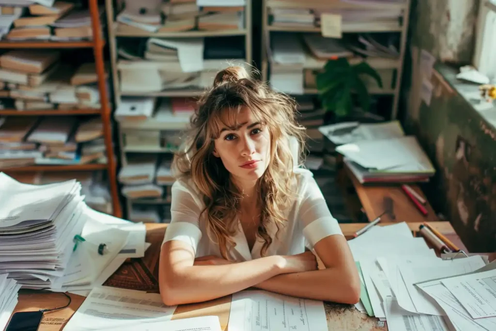 A person surrounded by financial documents at a cluttered desk.